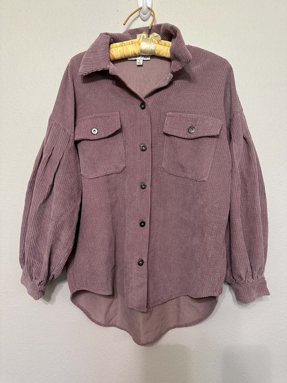 SHE + SKY Mauve Corduroy Button-Down Shacket with Balloon Sleeves